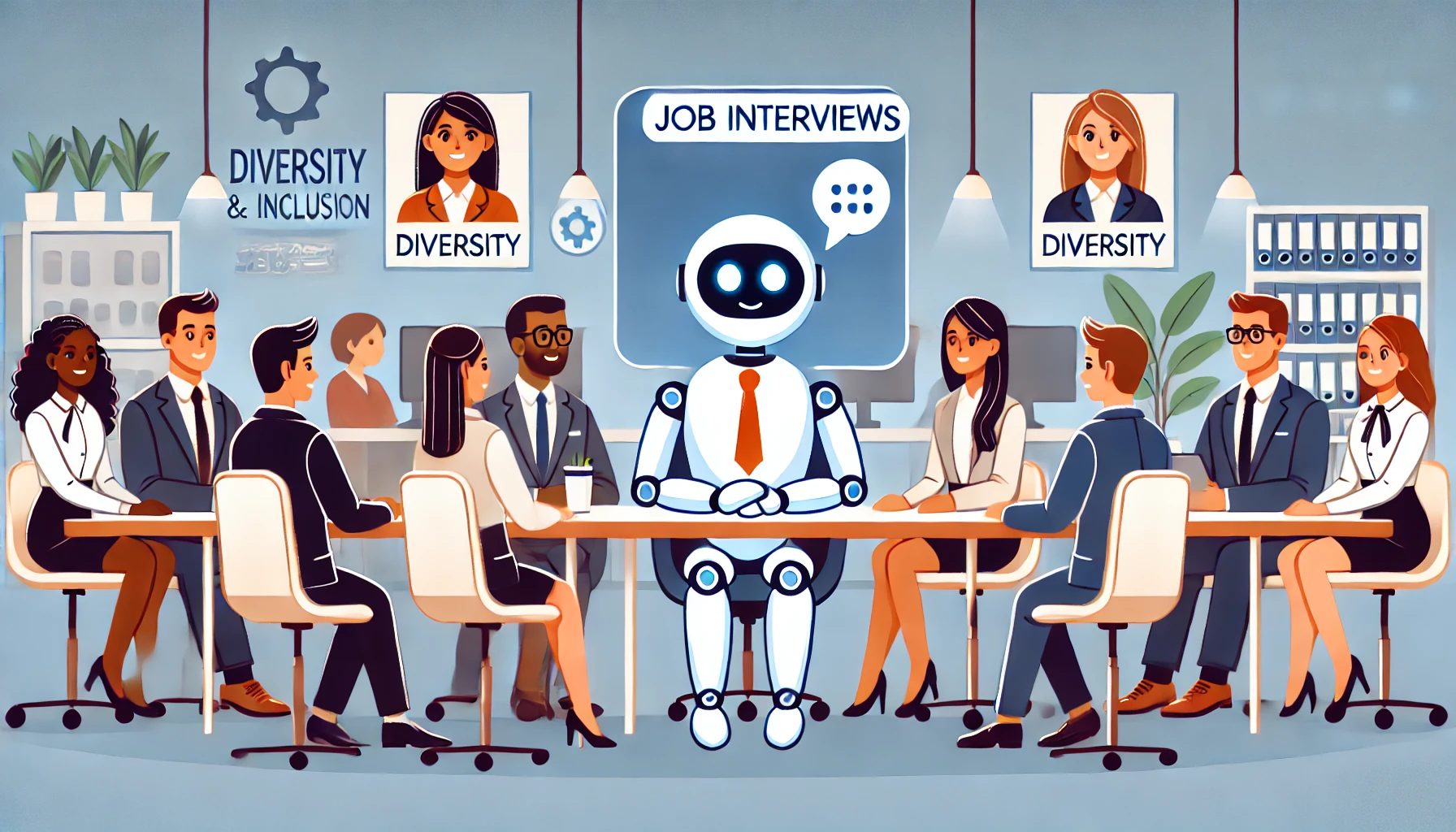 AI recruitment bot is holding an interview with applicants with diverse backgrounds.